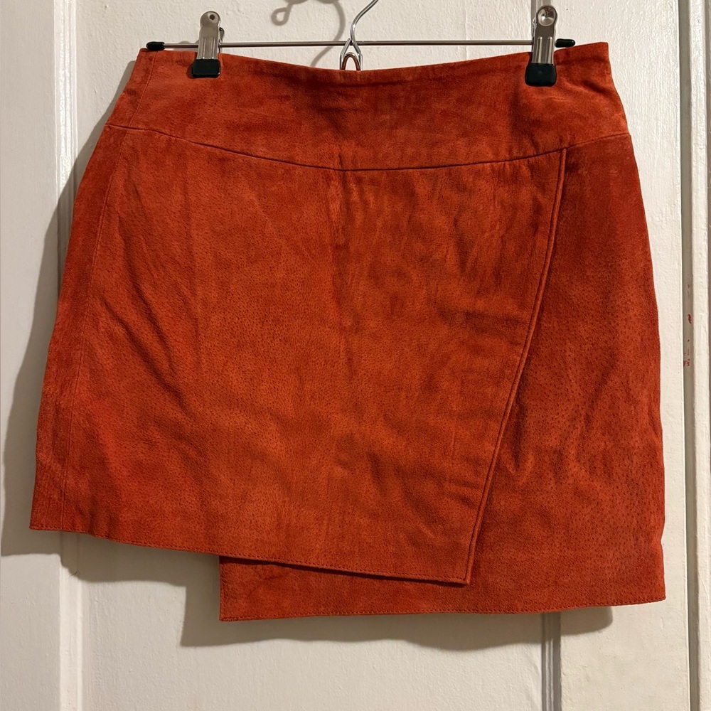 Rust Orange Asymmetrical Suede Mini Skirt – 100% Pigskin Leather